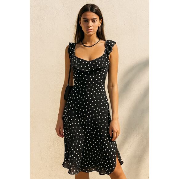 Vintage Dresses & Skirts - Vintage Y2K Babydoll Midi Slip Dress Polka Dot M/L Ruffle‎ Bias Cute Party Black